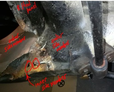Two small holes in inner side member. Rest solid. Can see where the triangle shaped point of the rear floor is welded.